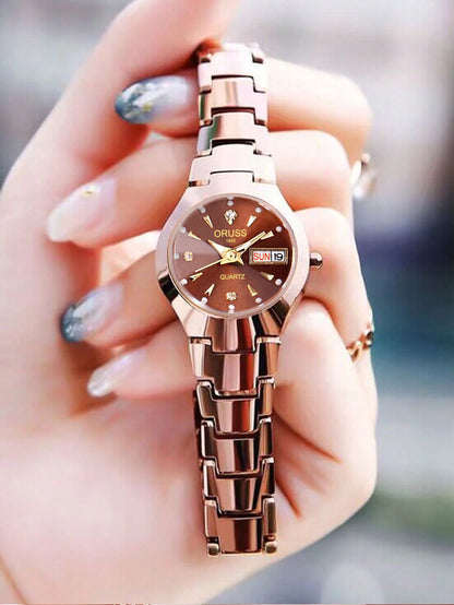 ORUSS-Montre de couple étanche pour hommes et femmes, quartz, acier inoxydable, date, semaine, horloge, cadeau pour amoureux, mode décontractée