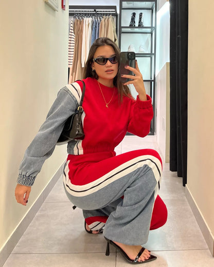 Ensemble pantalon deux pièces pour femmes, col rond, assorti, sweat-shirt, hauts, jambes larges, pantalons longs, décontracté, ample, taille élastique, Denim