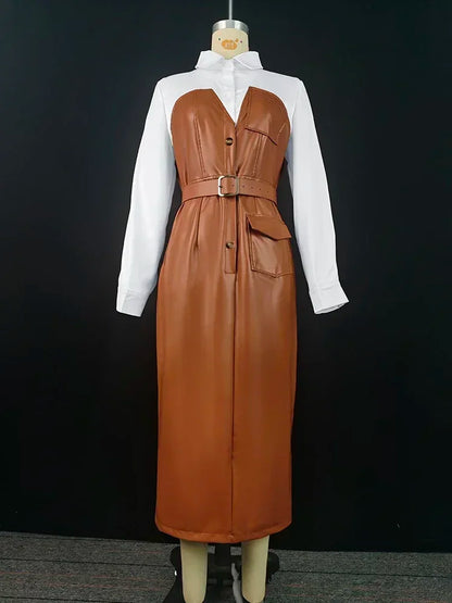 Robe mi-longue à manches longues pour femmes avec boutons, jupe chemise en PU, poche patchwork, ceinture maigre, revers, femme, automne, nouveau, 2025
