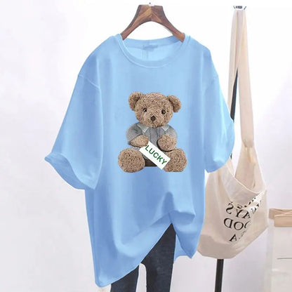 Mode d'été Animal ours imprimé T-shirts de base femmes décontracté pur coton col rond à manches courtes haut t-shirt bureau dame pulls amples