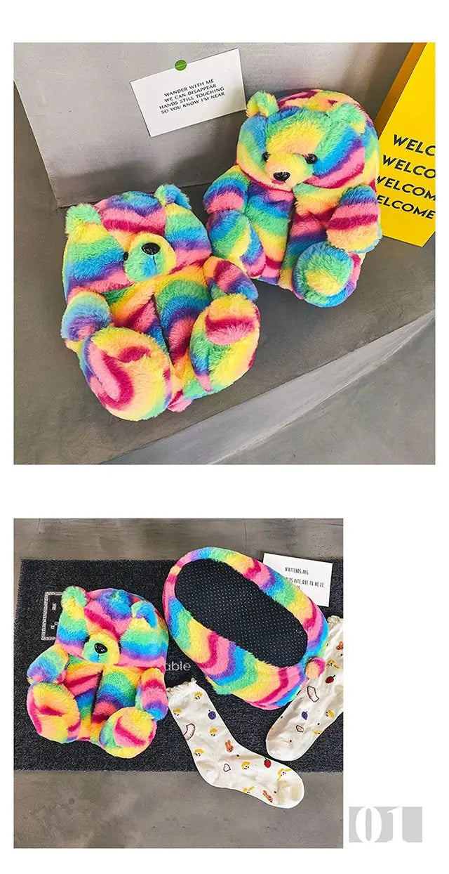 Pantoufles roses en fourrure d'animal à enfiler, chaussures d'ours moelleuses pour la maison, pantoufles d'intérieur chaudes et pelucheuses, tongs de maison, expédition rapide