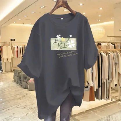 T-shirt manches courtes col rond femme, pur coton, imprimé floral, basique, décontracté, à la mode, été, chic, 45-105 noix