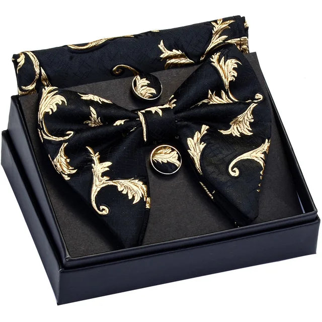 GUSLESON-Ensemble de boutons de manchette carrés à motif décoratif pour hommes, nœud papillon blanc noir, poche, boîte cadeau, cravate de la présidence de mariage