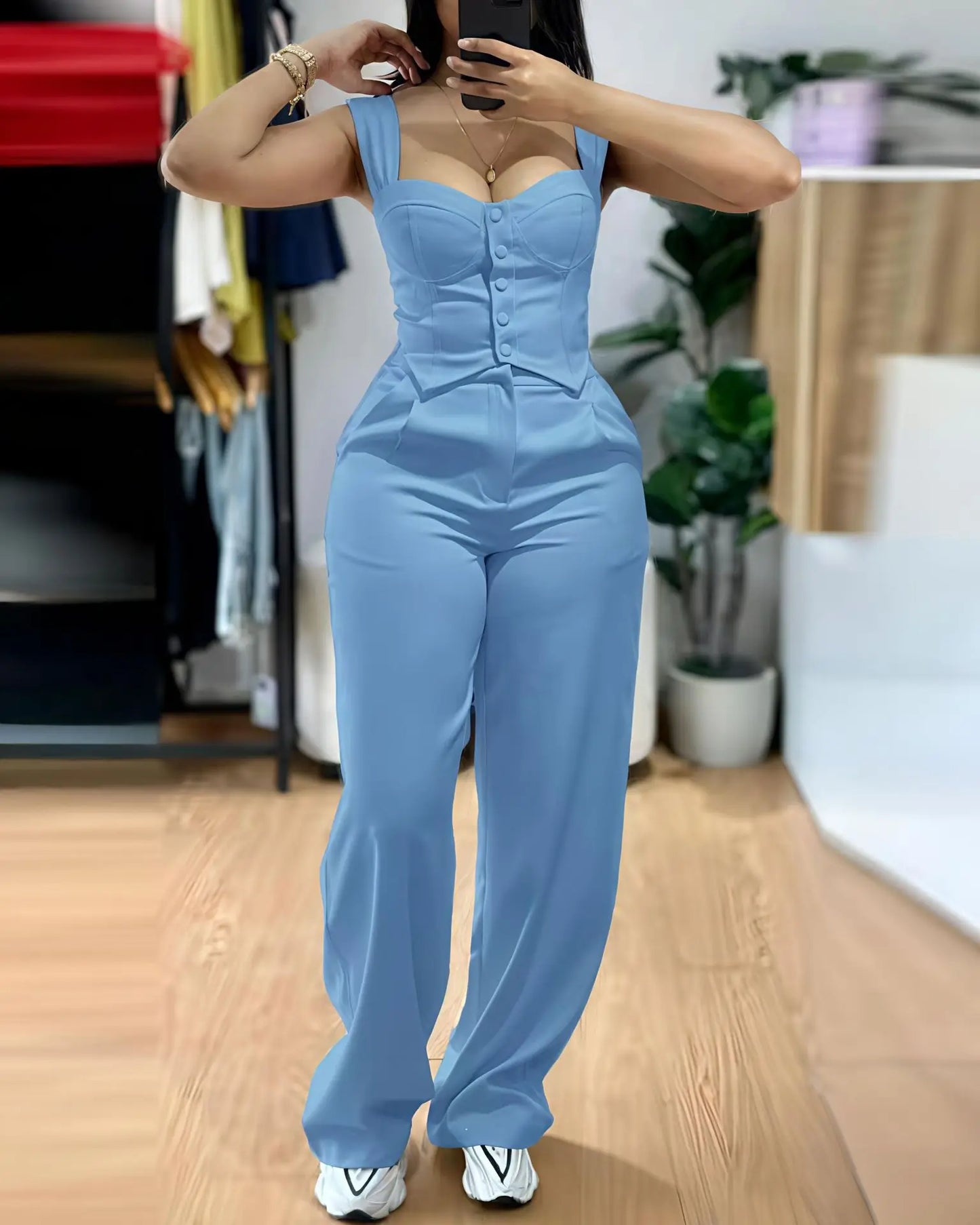 Ensemble deux pièces débardeur sans manches pour femmes, gilet court d'été décontracté, haut Slim et pantalon à jambes larges, costume de bureau élégant