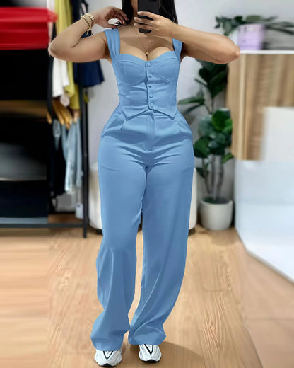 Ensemble deux pièces débardeur sans manches pour femmes, gilet court d'été décontracté, haut Slim et pantalon à jambes larges, costume de bureau élégant