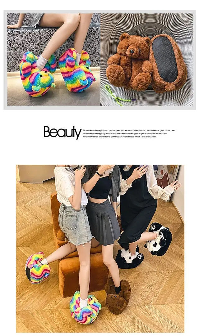 Pantoufles roses en fourrure d'animal à enfiler, chaussures d'ours moelleuses pour la maison, pantoufles d'intérieur chaudes et pelucheuses, tongs de maison, expédition rapide