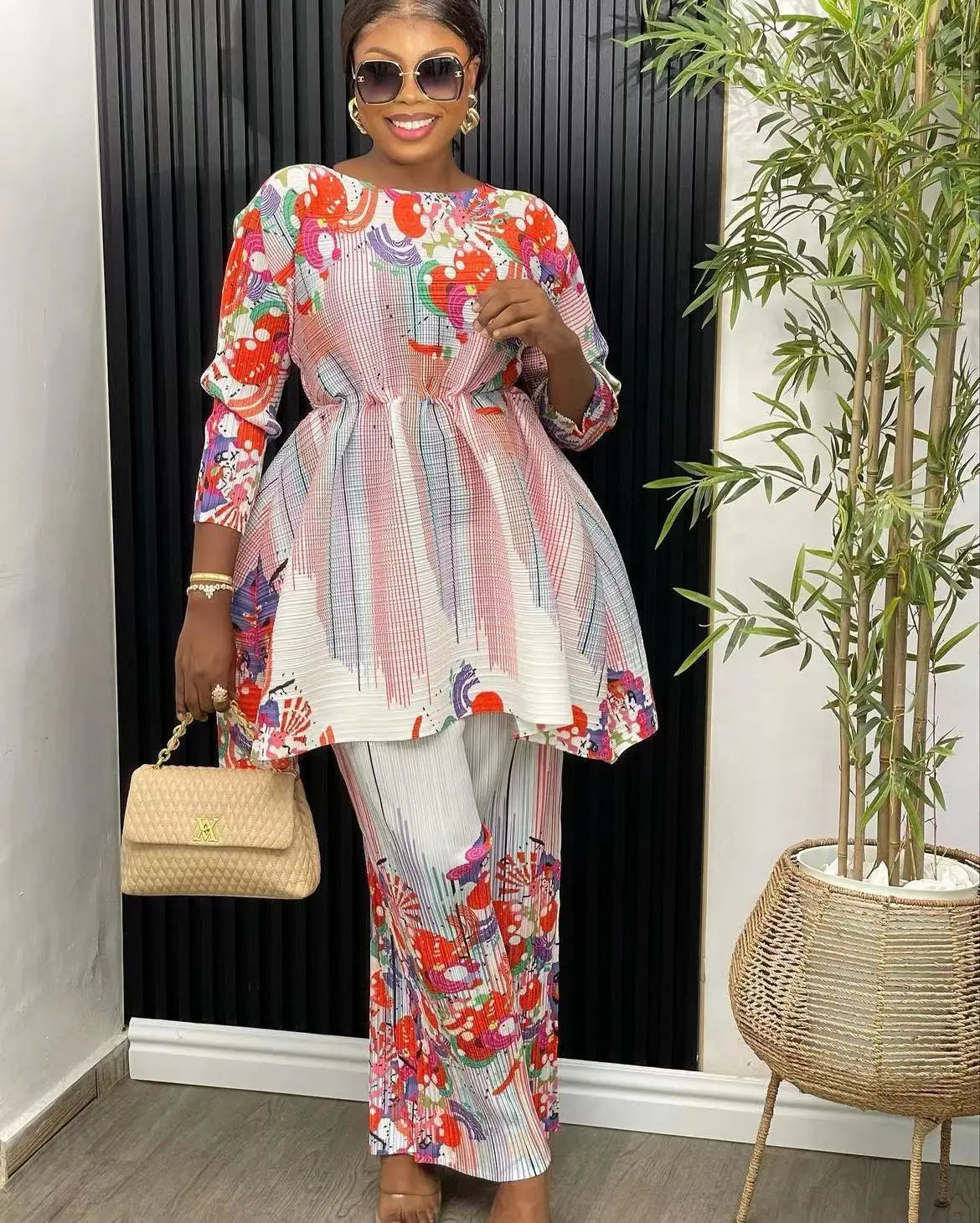 ANLAN-Ensemble Deux Pièces Plissé pour Femme, Imprimé, Manches sulf, Lacets, Taille Ronde, Pantalon Décontracté, Nouvelle Collection Automne 2024, 7YK3519