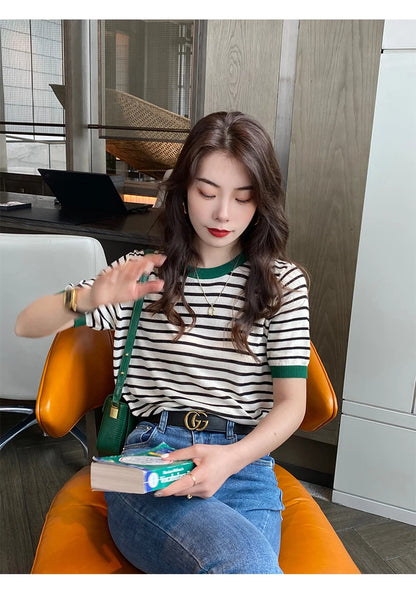2025 hauts à rayures femmes tricoté col rond été imprimé à manches courtes décontracté Simple sauvage T-Shirt
