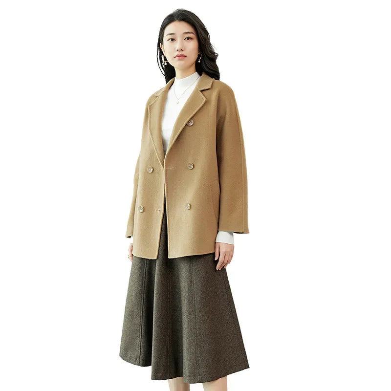 Manteau en laine Double face pour femme, épais, mi-long, col de costume, coupe ample, couleur Pure, polyvalent, nouveau Style automne hiver