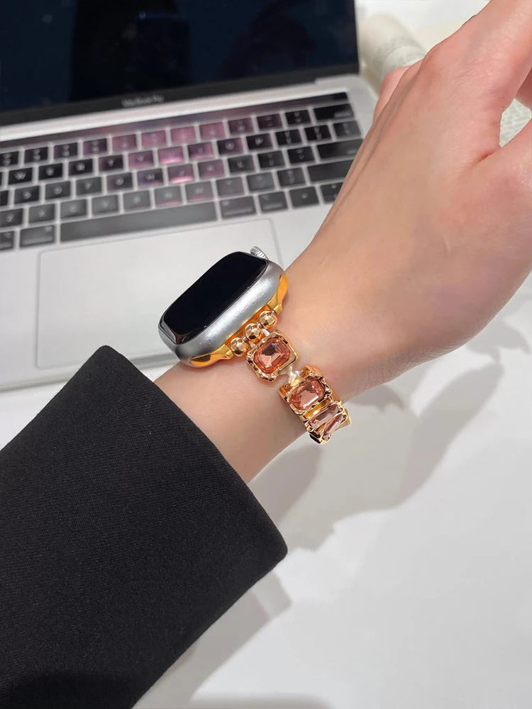 Bande de diamant élastique pour iWatch Ultra 10 9 8 7 6 5 Se 4, bracelet en métal pour femme Apple Watch 38mm 40mm 41mm 42mm 45mm 46mm 49mm