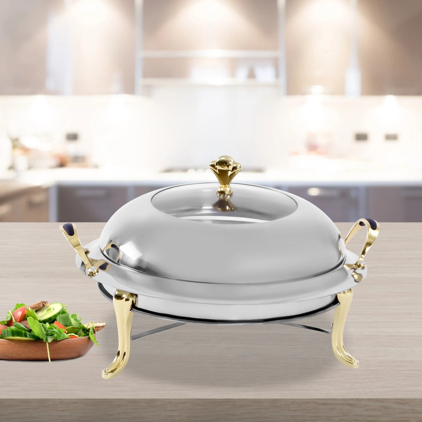 Ensemble de réchaud rond de 3L, chauffe-aliments en acier inoxydable avec couvercle et poignées de transport, feu réglable, dispositif de réchauffement des aliments