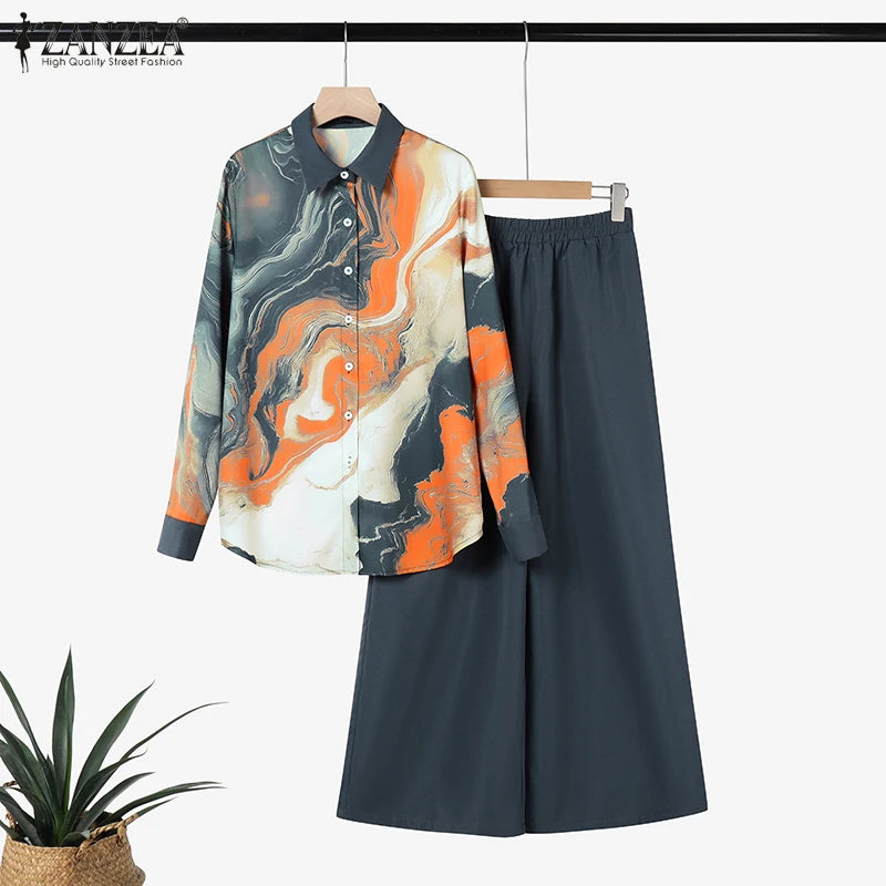 BS -  mode femmes deux pièces ensembles à manches longues revers chemise jambe large pantalon ensembles 2 pièces tenues de vacances décontracté OL travail survêtements