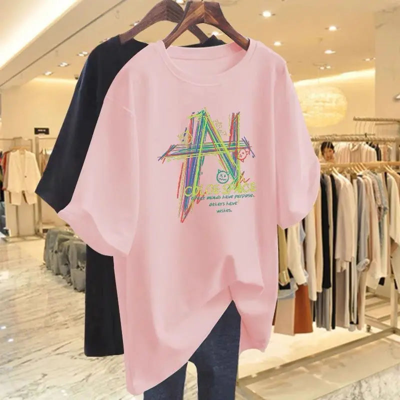 T-shirt basique imprimé géométrique peint à la main pour femme, pur coton, manches courtes, 40 noix-105 noix, vêtements décontractés, été