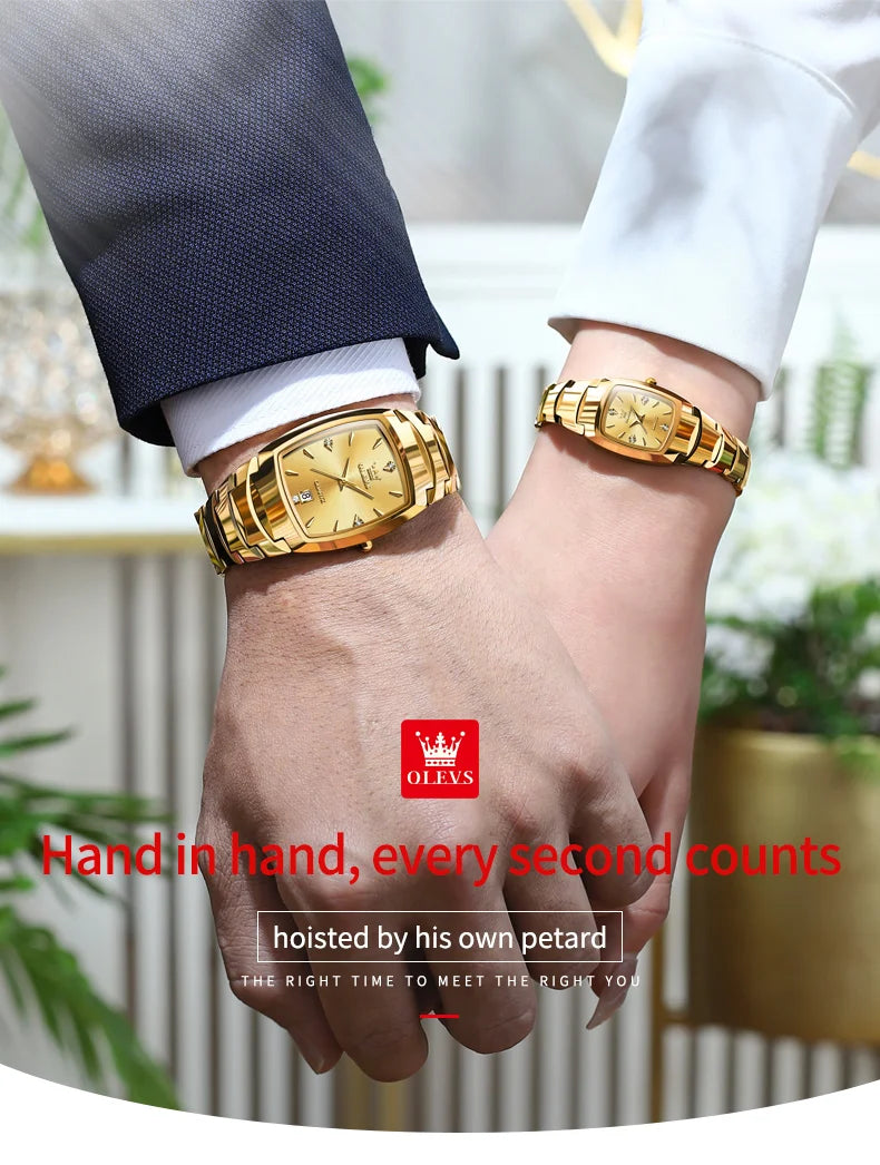 OLEVS-Montre de couple en acier au tungstène Tonneau pour hommes et femmes, marque de luxe, montre à quartz pour amoureux, montre-bracelet étanche, 7006