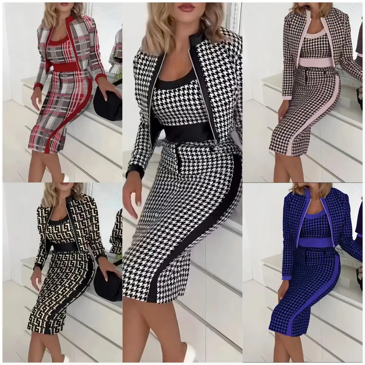 Ensemble de robe élégante OL, à la mode printemps/automne, doux, Slim Fit, imprimé, veste à manches longues, gilet et jupe, ensemble trois pièces