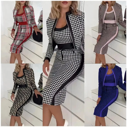 Ensemble de robe élégante OL, à la mode printemps/automne, doux, Slim Fit, imprimé, veste à manches longues, gilet et jupe, ensemble trois pièces