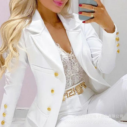 Veste crayon taille haute à double boutonnage pour femme, col imbibé, blanc tempérament, mode Piedmont, printemps et été, 2 pièces