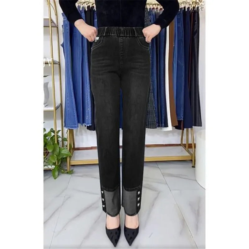 Jean femme d'âge moyen printemps automne taille extensible pantalon en Denim droit grande taille ample taille haute décontractée noir bleu pantalon