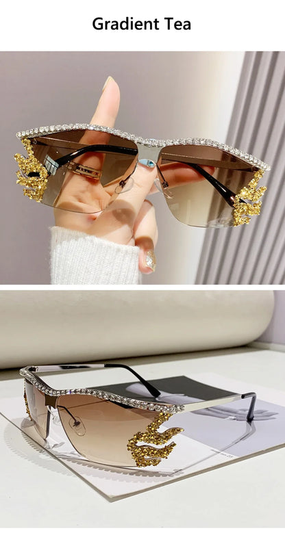 Y2K lunettes de soleil sans monture Punk irrégulière femme lunettes de soleil de luxe concepteur UV400 Protection diamant cristal nuances pour les femmes