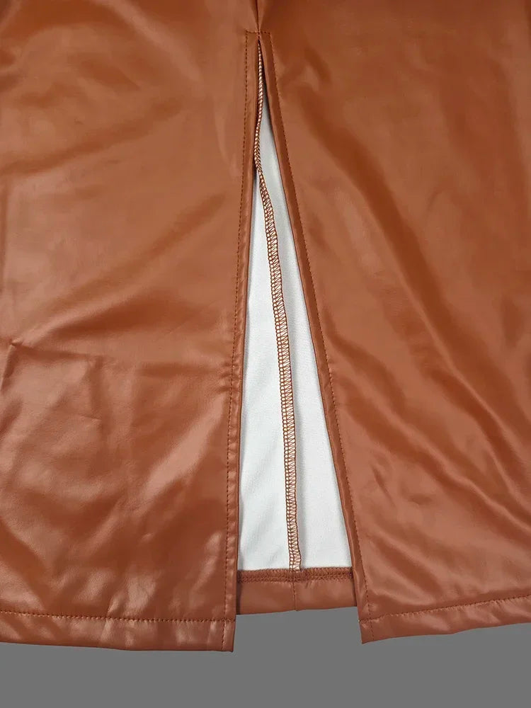 Robe mi-longue à manches longues pour femmes avec boutons, jupe chemise en PU, poche patchwork, ceinture maigre, revers, femme, automne, nouveau, 2025