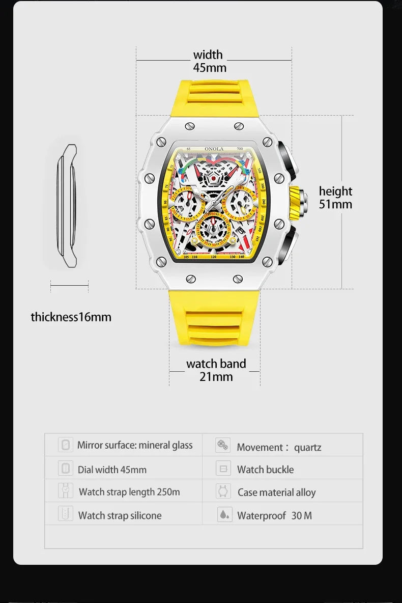ONOLA-Montre Tonneau Étanche pour Homme, Chronographe, Quartz, dehors, Bracelet Silicone, Montre-Bracelet Blanche, Luxe, Nouvelle Mode, 2024