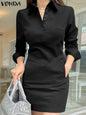 VONDA 2025 été chemise robe femmes élégant à manches longues couleur unie robe d'été décontracté boutons amples poches courtes Mini robes