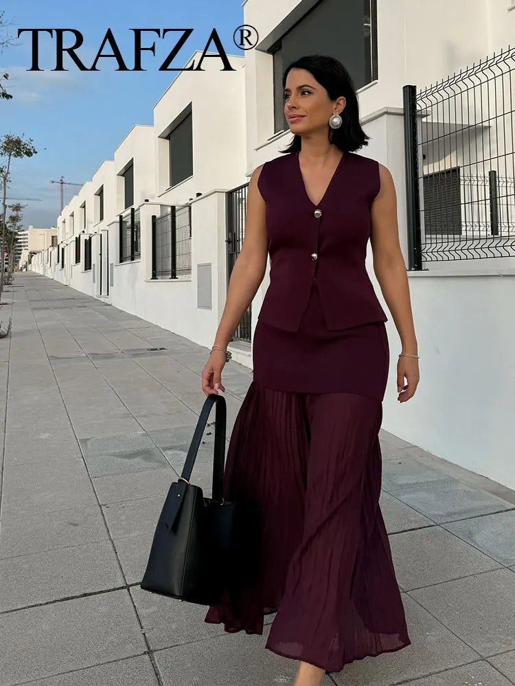 TRAFZA 2025 femmes jupe ensemble vin rouge tricoté col en v sans manches mince gilet + solide taille haute fermeture éclair Patchwork jupe longue rue