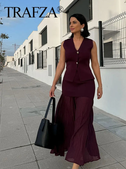 TRAFZA 2025 femmes jupe ensemble vin rouge tricoté col en v sans manches mince gilet + solide taille haute fermeture éclair Patchwork jupe longue rue