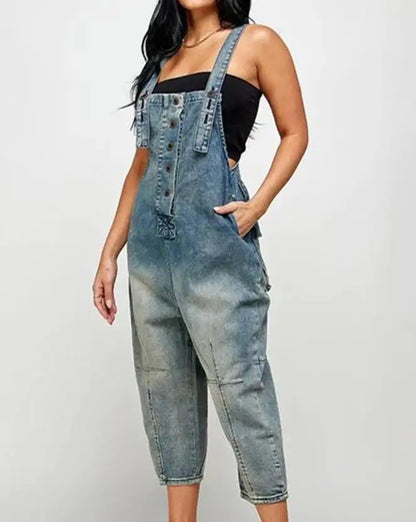 Combinaison en denim bleu pour femme, jambe large fendue, bouton de poche, bretelles fines, combinaison vintage, mode globale, 2025