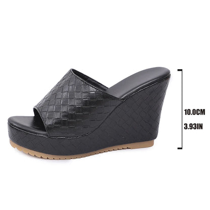 Plate-forme épaisse sandales à talons compensés femmes Sexy Peep orteil noir Pu cuir tissage diapositives femme Super haut talon anti-dérapant Sandalias Mujer