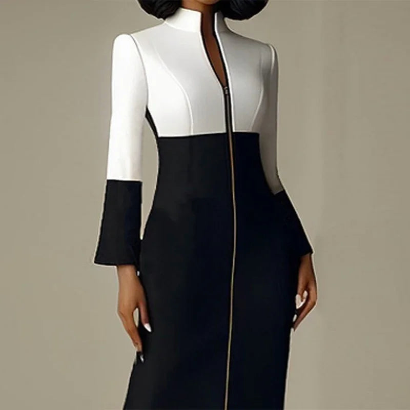 Krisstar 2025 nouvelles robes moulantes pour femmes couleur contrastée col en v avec fermeture éclair manches longues Occasion formelle bureau robes mi-longues