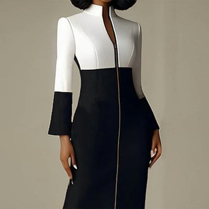 Krisstar 2025 nouvelles robes moulantes pour femmes couleur contrastée col en v avec fermeture éclair manches longues Occasion formelle bureau robes mi-longues