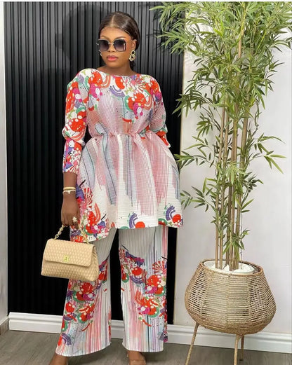 ANLAN-Ensemble Deux Pièces Plissé pour Femme, Imprimé, Manches sulf, Lacets, Taille Ronde, Pantalon Décontracté, Nouvelle Collection Automne 2024, 7YK3519