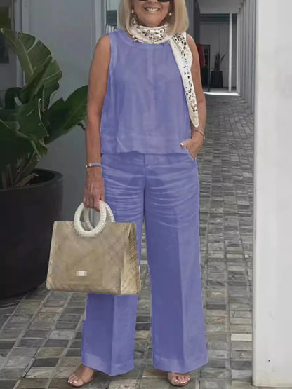 Costumes simples en coton et lin pour femmes, mode d'été, chemisier ample sans manches, pantalon à jambes larges, ensemble deux pièces pour femmes, tenues décontractées