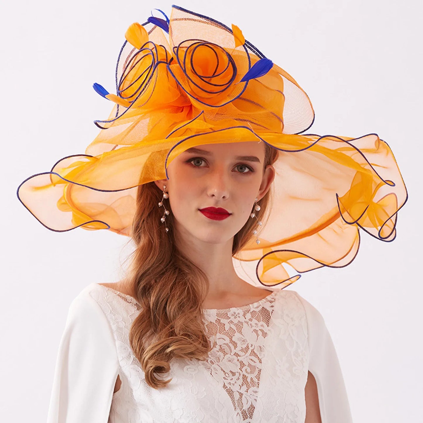 Femmes élégantes chapeau de soleil Organza Fedoras été chapeaux de soleil femmes Kentucky Derby large bord casquette de plage mariage Cocktail thé fête chapeaux