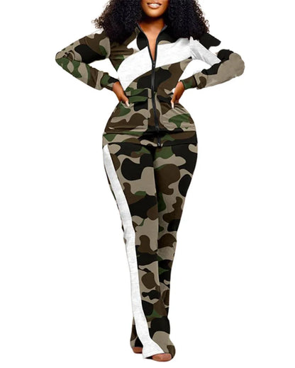 BERAKAH SUPRÊME - ensemble deux pièces femmes tenue automne Denim Look imprimé fermeture éclair conception col montant à manches longues haut et pantalons décontractés ensemble