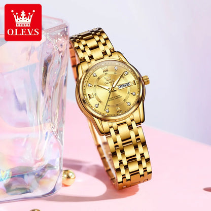 OLEVS meilleure vente mode en acier inoxydable Quartz dames montre de luxe double calendrier lumineux étanche montre élégante pour les femmes
