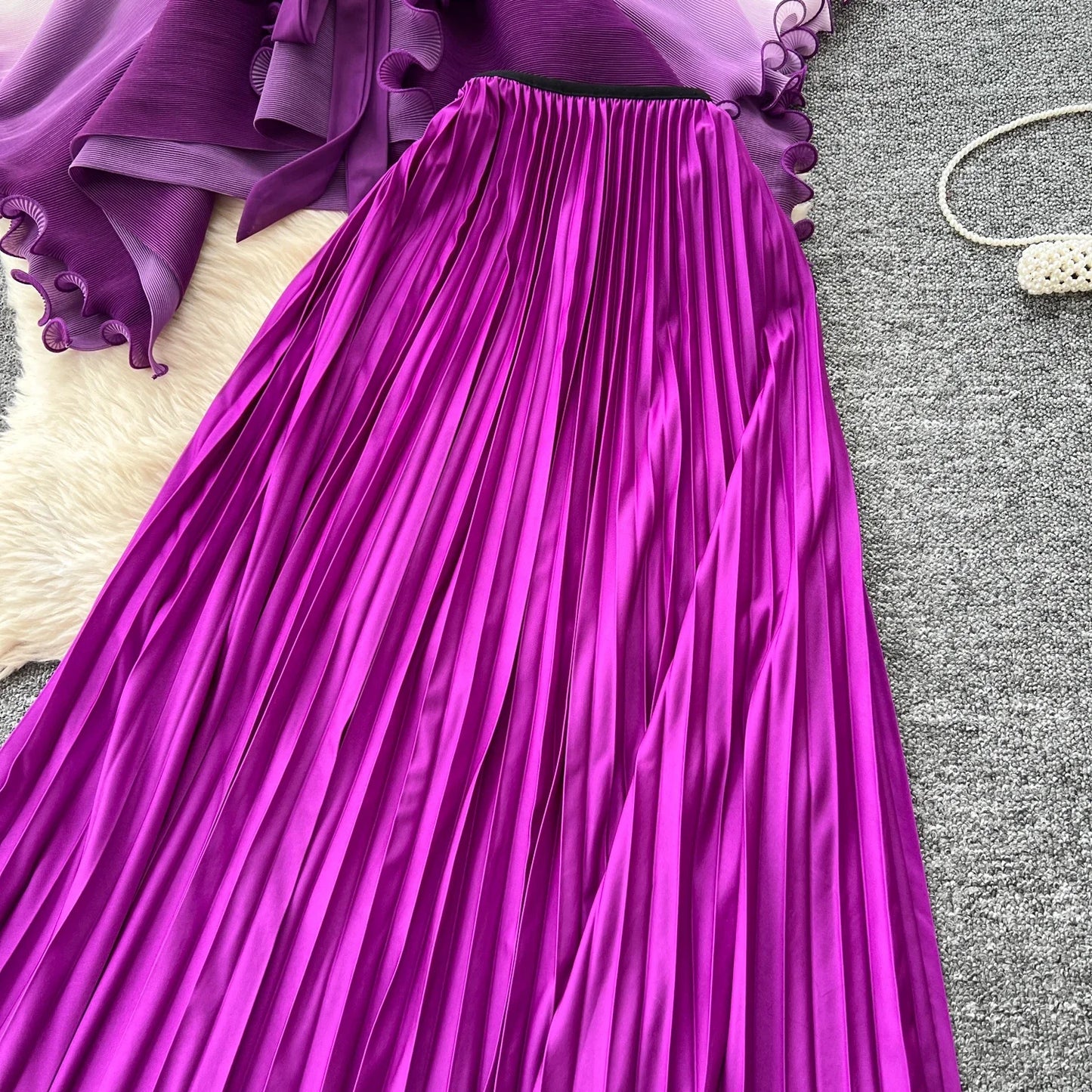 Miyake pli changement progressif couleur bord ondulé costume soleil jupe plissée à la mode et élégant deux pièces ensembles tenues pour femmes