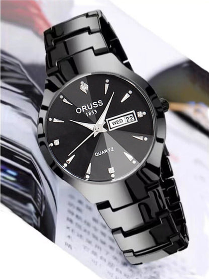 ORUSS-Montre de couple étanche pour hommes et femmes, quartz, acier inoxydable, date, semaine, horloge, cadeau pour amoureux, mode décontractée