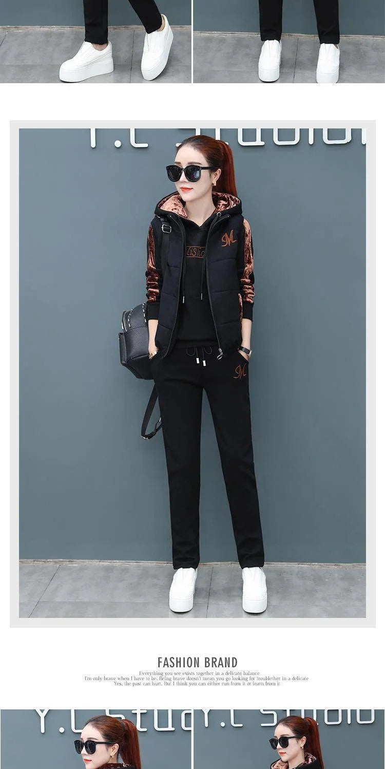 Mode femme peluche épaissi Sweat costume 2025 automne hiver nouveau décontracté hauts à capuche gilet pantalon 3 trois pièces ensemble pour les femmes