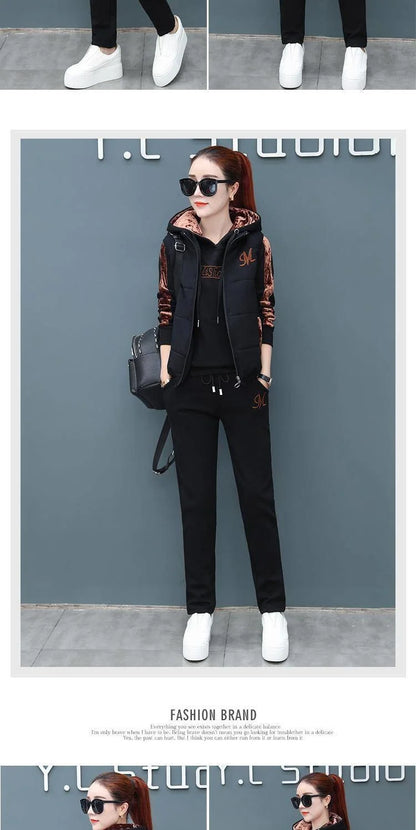 Mode femme peluche épaissi Sweat costume 2025 automne hiver nouveau décontracté hauts à capuche gilet pantalon 3 trois pièces ensemble pour les femmes