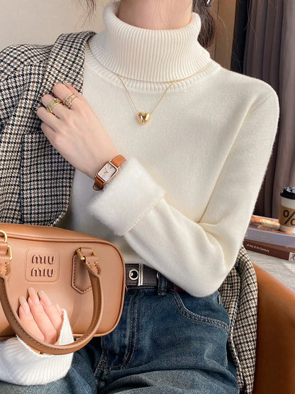 Pull une pièce en velours de vison à col roulé et épais pour femme, intérieur chaud avec chemise tricotée à bascule, 2025