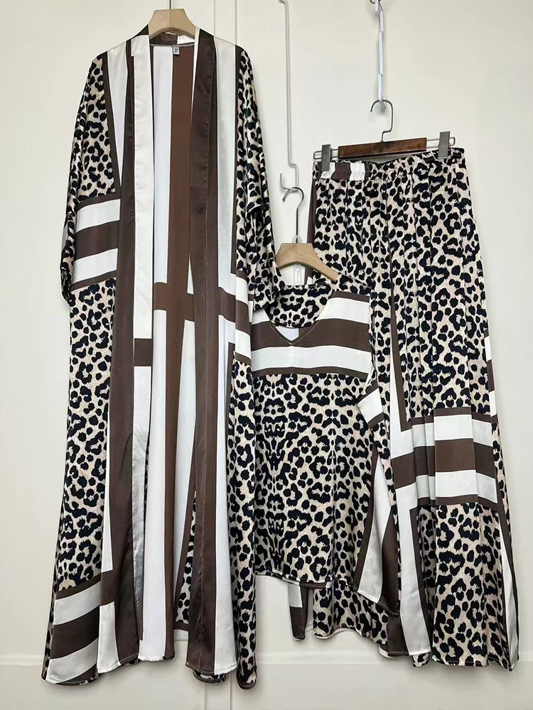 Cardigan long imprimé géométrique rétro, ensemble trois pièces, pull ample + jupe à jambes larges, costume à la mode pour femmes, été 2025