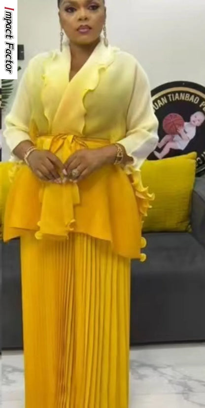 Miyake pli changement progressif couleur bord ondulé costume soleil jupe plissée à la mode et élégant deux pièces ensembles tenues pour femmes