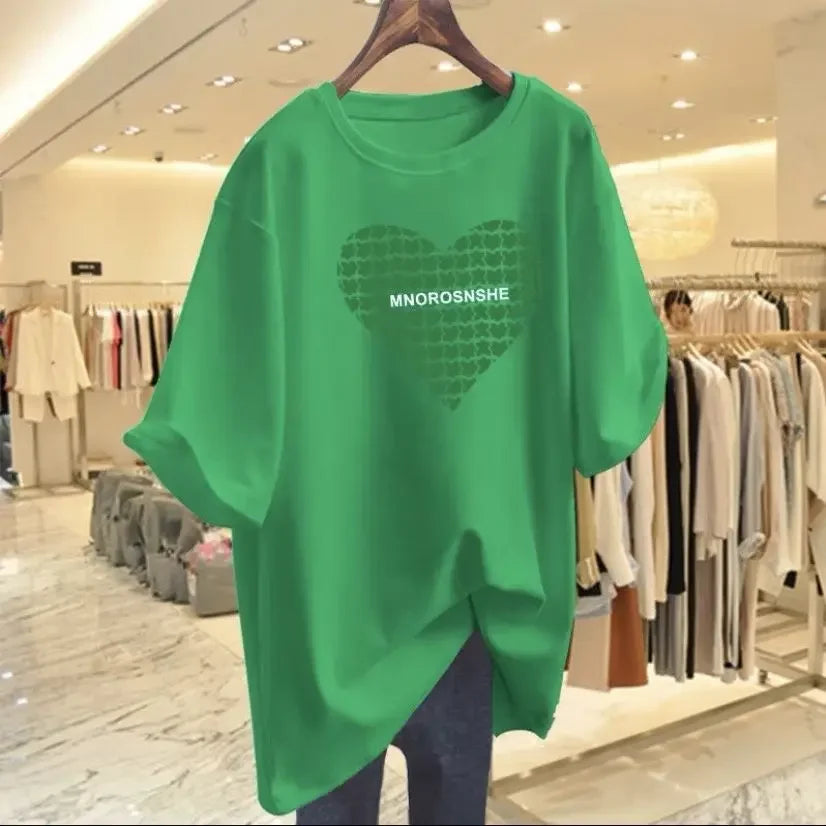 T-shirt à manches courtes en coton imprimé Love pour femmes, t-shirts basiques décontractés à col rond, pulls Lady At, été