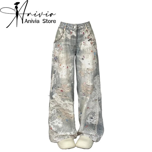 Jeans baggy gris pour femmes, diamants décoratifs Y2K, rue haute, fjHarajuku, style fille chaude des années 2000, pantalons rétro, vêtements
