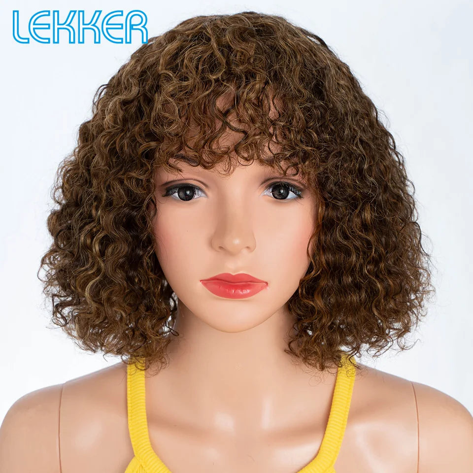 Lekker couleur courte Pixie Afro crépus bouclés Bob 100% perruques de cheveux humains avec frange pour les femmes brésilien Remy cheveux Ombre brun perruques