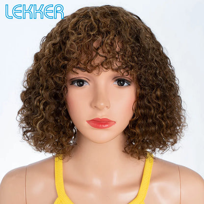Lekker couleur courte Pixie Afro crépus bouclés Bob 100% perruques de cheveux humains avec frange pour les femmes brésilien Remy cheveux Ombre brun perruques