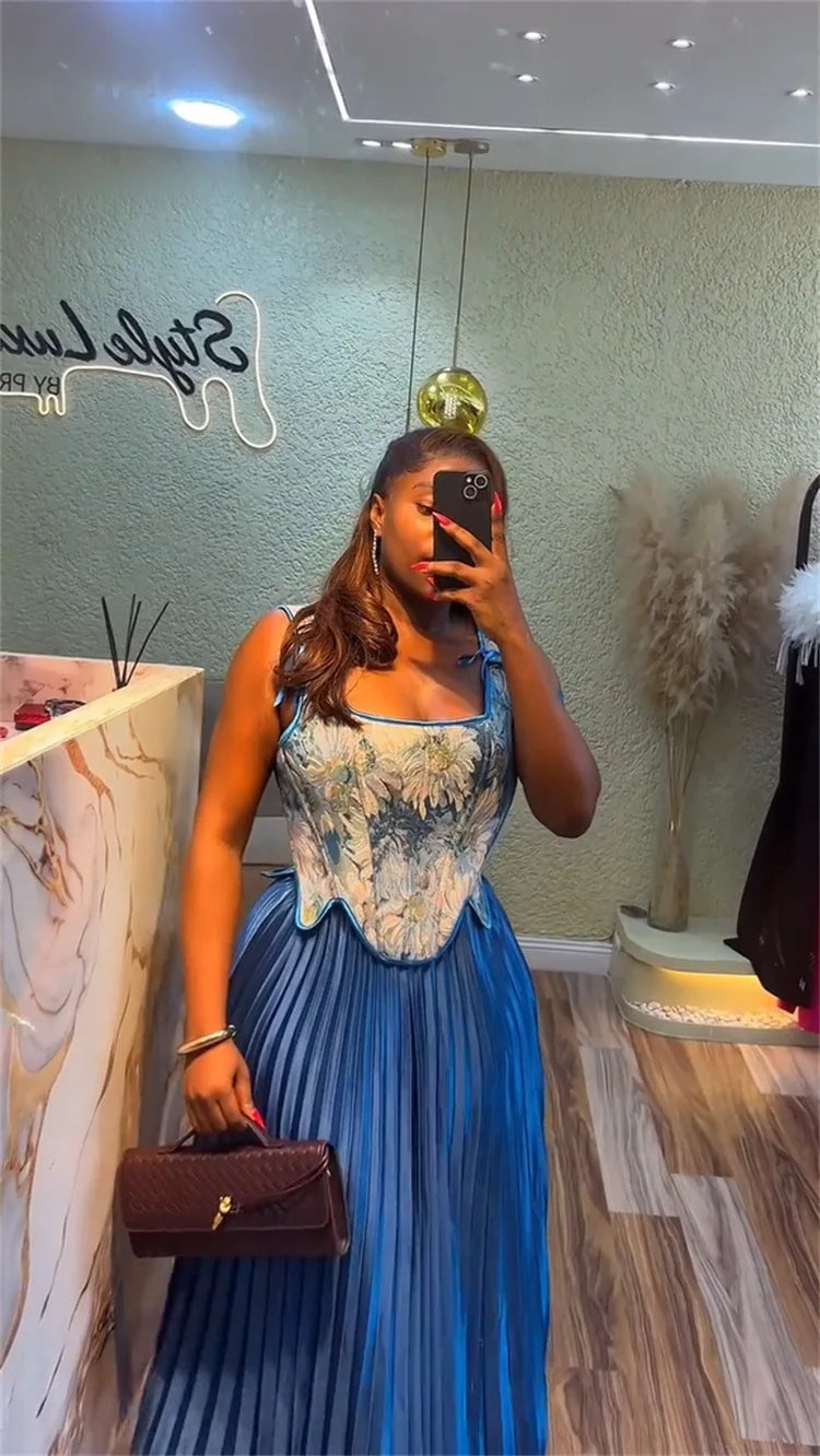 CM.YAYA ensemble femme imprimé fleuri taille cintrée gilet + jupes longues plissées costume 2025 fête soirée rue deux 2 pièces ensemble tenue