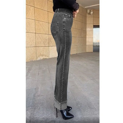 Jean femme d'âge moyen printemps automne taille extensible pantalon en Denim droit grande taille ample taille haute décontractée noir bleu pantalon